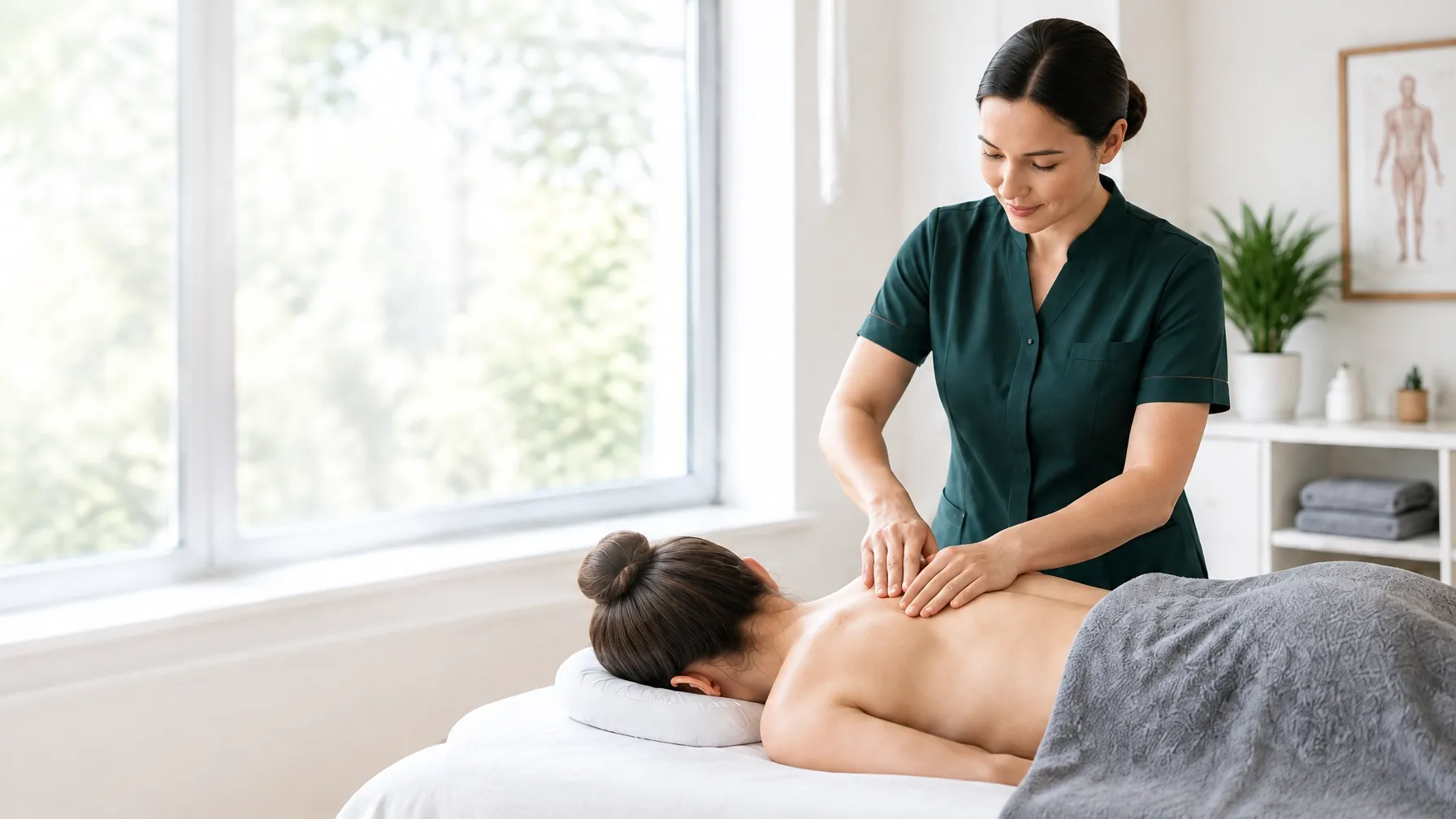 Therapist giving a professional massage in a bright treatment room